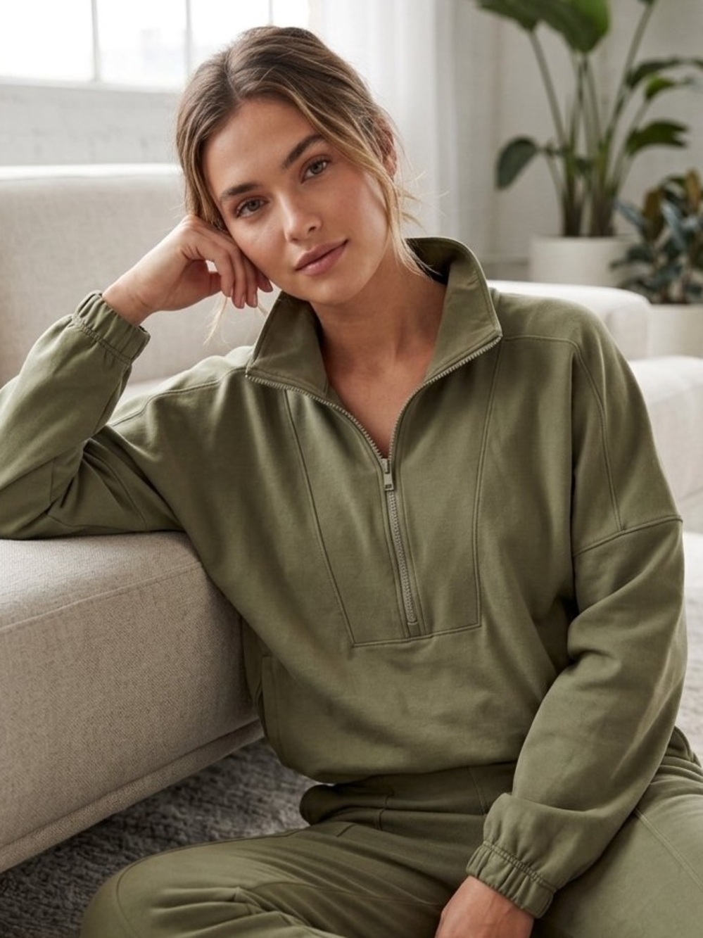 Abercrombie & Fitch Soft A&F Cinched Contour Half-Zip Olive Green Sweatshirt (L)
